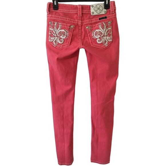 Miss Me Melon Fleur De Lis Jeans Size 26 Skinny Leather & Rhinestone Pockets - Picture 1 of 8